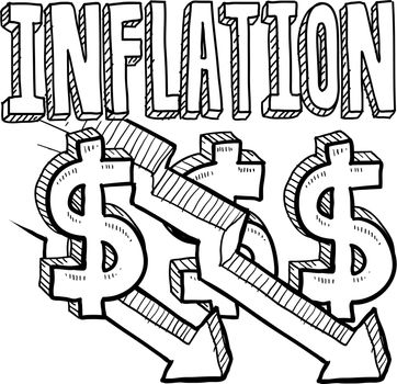 Doodle style deflation or inflation decreasing illustration in vector format. Includes title text, along with down arrows and dollar signs.
