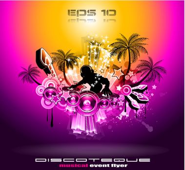 Tropical Music Party Disco Flyer with Sunset Magic lights