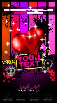Valentine's Day Disco Flyer with a party background, and glossy red hearts flying over the air.