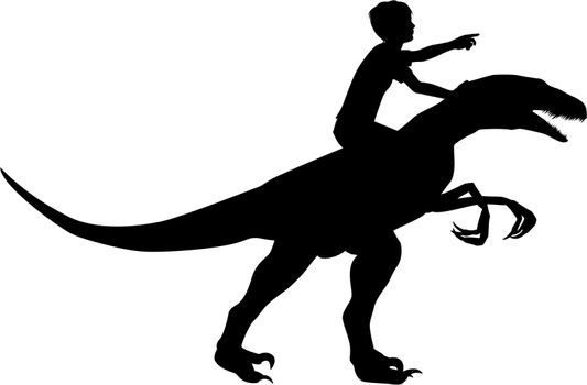 Editable vector silhouette of a boy riding a velociraptor with boy and dinosaur as separate objects