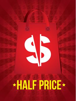half price announcement over red background. vector illustration