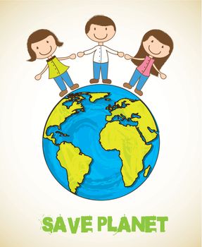 cartoon planet with people, save planet. vector illustration