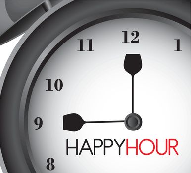 happy hour with clock alarm, close up. vector illustration