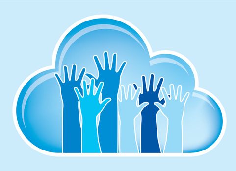 cloud with hands over blue background. vector illustration