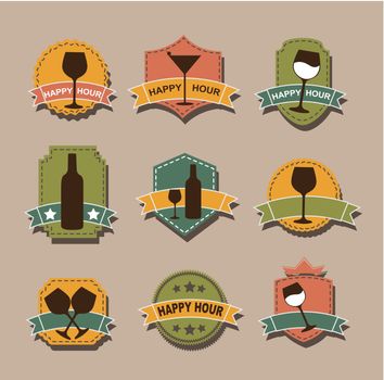happy hour tags over brown background. vector illustration