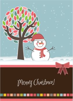 christmas card with snowan and tree. vector illustration