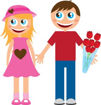 boy and girls cartoons with roses over white background. vector