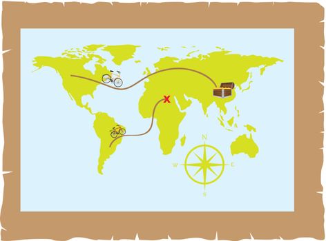 old map over parchment with trunk and bike vector illustration