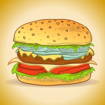 Classic cheeseburger with beef and lettuce illustration