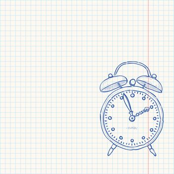 Classic clock as a blue sketch on bright yellow paper