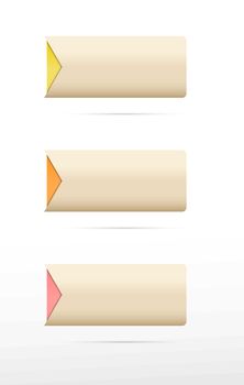 Set of three blank buttons with yellow, orange and pink arrow