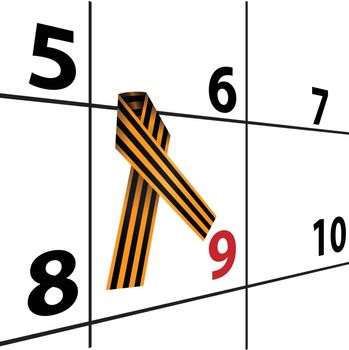 Calendar with the St. George ribbon on May 9. Vector illustration.