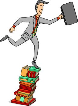 Businessman stepping on a pile of books