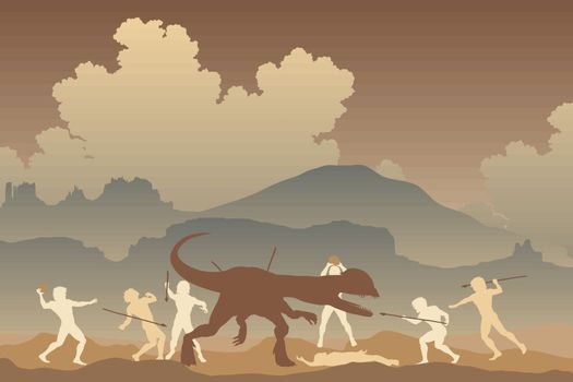 Editable vector illustration of cavemen fighting a Dilophosaurus dinosaur in a primeval landscape