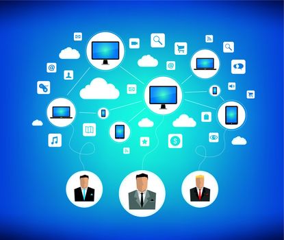 Graphic vector concept of some businessman using cloud computing network for teamwork with new modern technology devices. Isolated on blue background