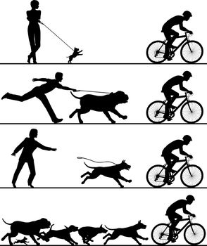 Four editable vector silhouettes of dogs reacting to a passing cyclist with all elements as separate objects