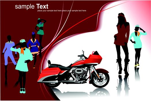 Background with girls and  motorcycle images. Vector illustration
