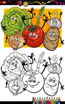 Coloring Book or Page Humor Cartoon Illustration of Comic Vegetables Food Objects Group for Children Education
