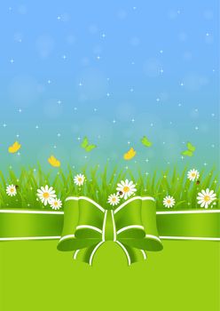 spring background with green grass, butterflies and ladybugs
