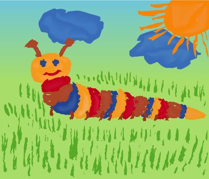 Colorful caterpillar among the meadow grass. Hand drawing vector illustration of as a children paint picture