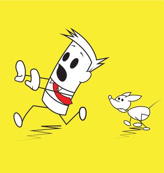 Square guy being chased by a dog.