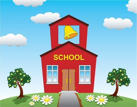 vector illustration of country school house and apple trees