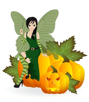 Autumn Fairy in the green dress is sitting on a pumpkin