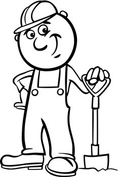 Black and White Cartoon Illustration of Man Worker or Workman with Spade or Shovel for Children to Coloring Book