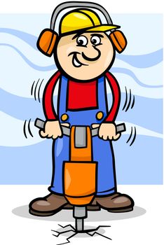 Cartoon Illustration of Man Worker or Workman with Pneumatic Hammer