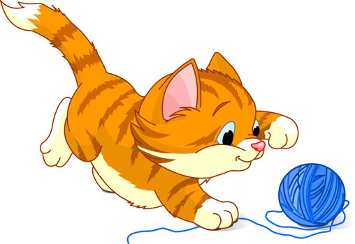 Kitten playing with yarn ball