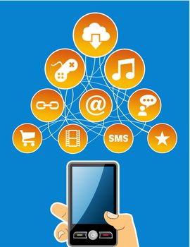 Cloud computing social media network icon set diagram with hand holding smart phone. Vector illustration layered for easy manipulation and custom coloring.