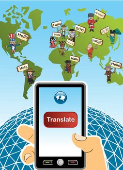 World map and hand with smartphone translation concept background. Vector illustration layered for easy editing.