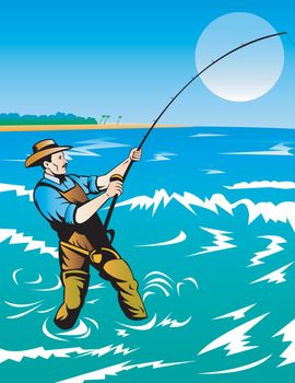illustration of a fisherman surf casting done in retro style