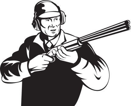 illustration of a hunter aiming shotgun rifle gun done in retro style on isolated background