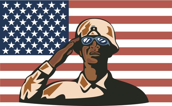 illustration of an African American soldier serviceman saluting with stars and stripes flag in background