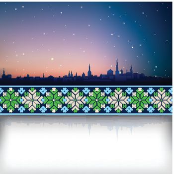 abstract background with silhouette of Tallinn and national ornament
