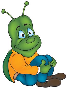 Green Sitting Bug - Colored Cartoon Illustration, Vector