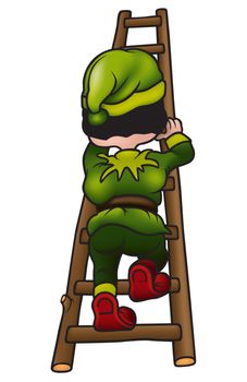 Green Dwarf And Ladder - Colored Cartoon Illustration, Vector