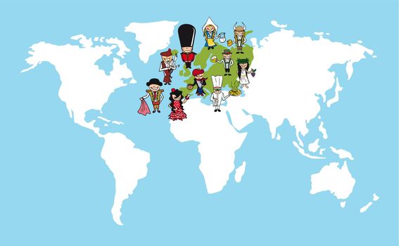 Diversity concept world map, group of people cartoon over european continent. Vector illustration layered for easy editing.
