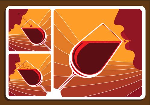 Wine tasting collage with three illustrations showing a man sniffing the bouquet, doing a visual check of clarity and tasting the wine in a wineglass