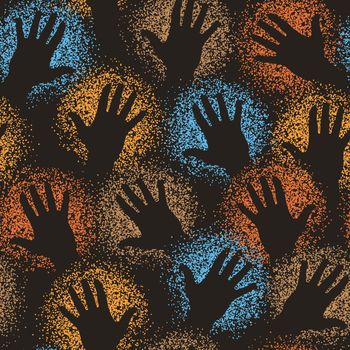 Editable vector seamless tile of cave art paint-sprayed hands