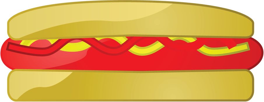 Glossy illustration of a hot dog with mustard and ketchup