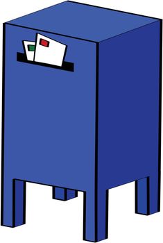 Cartoon illustration of a blue mailbox with two letters placed on its slot