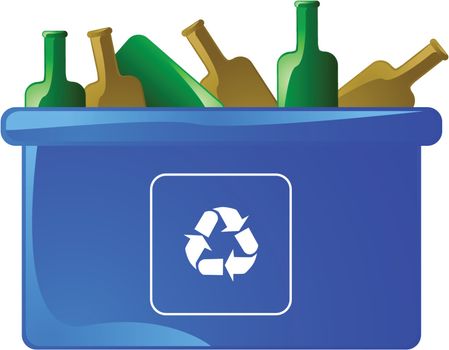 Illustration of a blue recycling bin with empty glass bottles