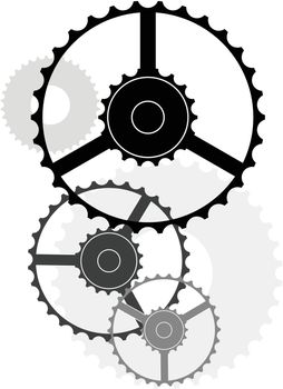 Illustration of wheels and gears in different shades of black and grey