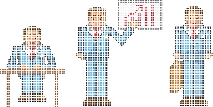 The pixel man in a business jacket and a tie is represented in three various poses: sits at a table, holds in a hand a suitcase, shows by a hand to a board, drawing in style pixel art