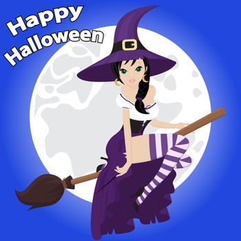 greeting card for Halloween with a beautiful witch on a background of the moon