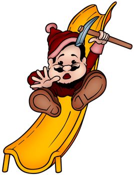 Dwarf And Slide - Colored Cartoon Illustration, Vector