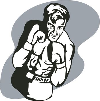 Illustration of a boxer in black and white done in retro style.