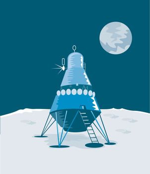 Illustration of lunar module landing on the moon isolated on white background done in retro style. 